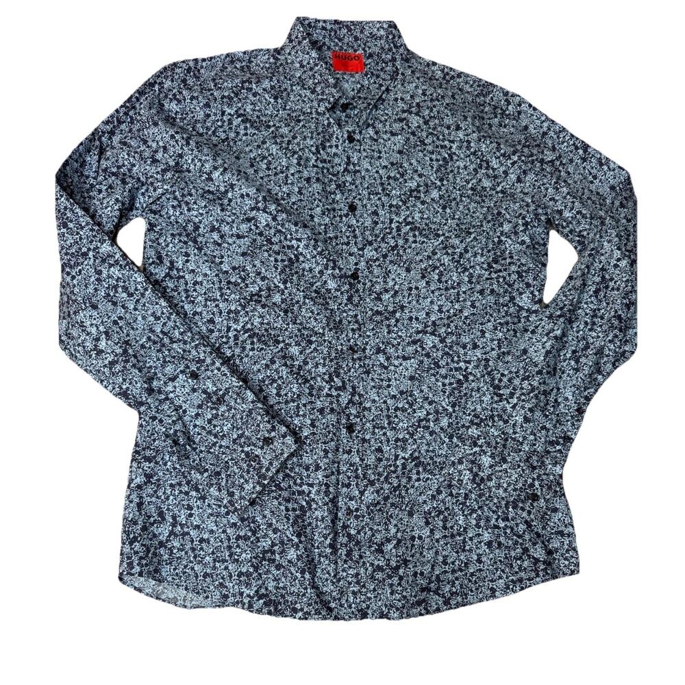 Hugo Boss Extra Slim Fit Dress Shirt Blue Floral Button Up Long Sleeve Work Sz L